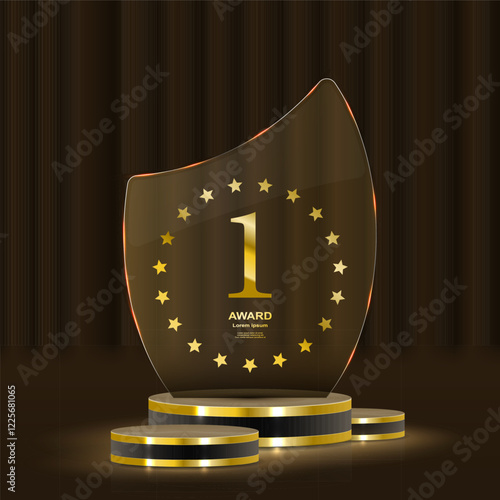 Golden podium with laurel wreaths, ribbons, and stars shining in a luxurious 3D award ceremony scene. Realistic golden prize stage featuring glitter, light smoke, and a dark, elegant background