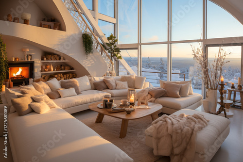Obraz na płótnie Penthouse in den Bergen mit gemütlicher Einrichtung, Kaminofen und hellen Polstermöbeln, Generative AI w salonie
