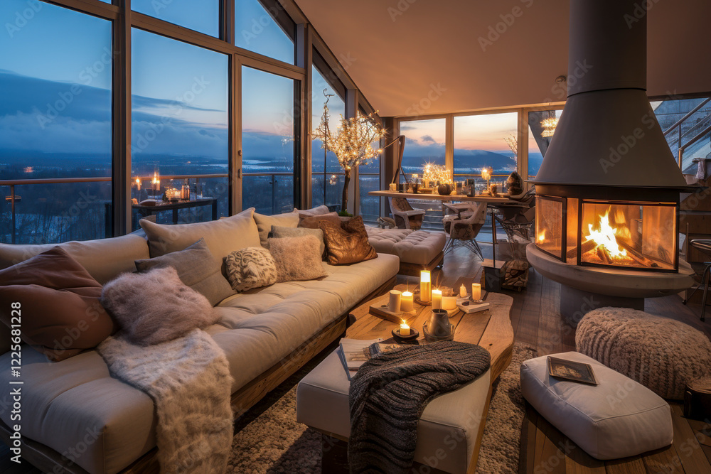 Penthouse in den Bergen mit gemütlicher Einrichtung, Kaminofen und hellen Polstermöbeln, Generative AI