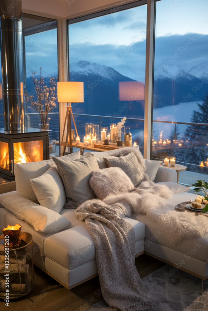 Penthouse in den Bergen mit gemütlicher Einrichtung, Kaminofen und hellen Polstermöbeln, Generative AI