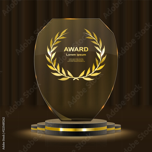 Golden podium with laurel wreaths, ribbons, and stars shining in a luxurious 3D award ceremony scene. Realistic golden prize stage featuring glitter, light smoke, and a dark, elegant background