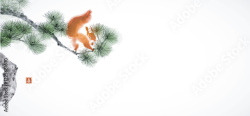 Ink wash painting of a squirrel on a pine tree branch. Traditional oriental ink painting sumi-e, u-sin, go-hua. Hieroglyph - happiness.
