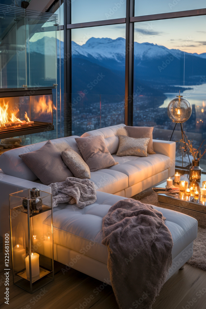 Penthouse in den Bergen mit gemütlicher Einrichtung, Kaminofen und hellen Polstermöbeln, Generative AI