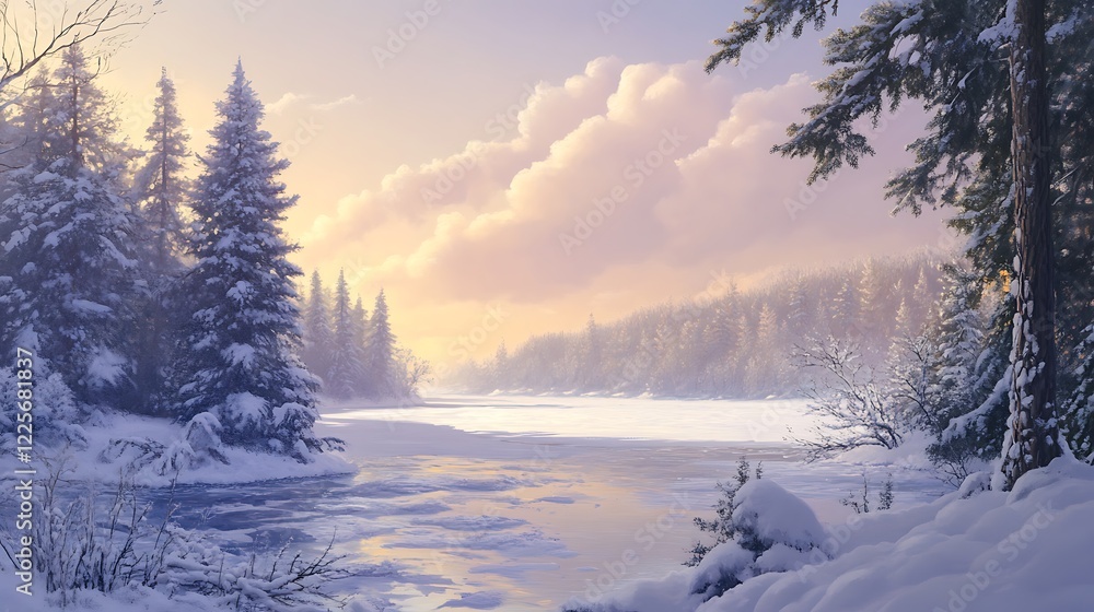 A peaceful winter landscape with snow-covered trees, a frozen lake, and soft, pastel skies A peaceful winter landscape with snow-covered trees, a frozen lake, and soft, pastel skies