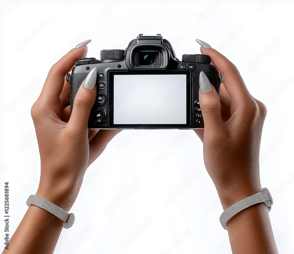 Stylish woman holding a professional DSLR camera with silver manicured nails, photography concept with white background, creative arts and visual storytelling Stylish woman holding a professional DSLR camera with silver manicured nails, photography concept with white background, creative arts and visual storytelling