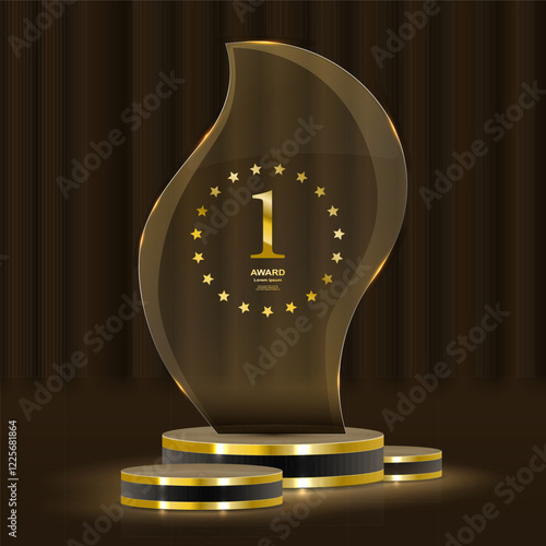 Elegant 3D golden podium with laurels, shining ribbons, and glowing stars for award ceremonies, prize events, and championship recognition. Realistic luxury scene. 