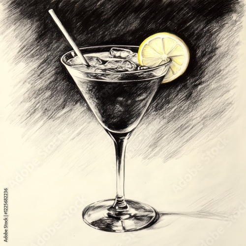 Detailed charcoal drawing of martini glass with ice and lemon photo