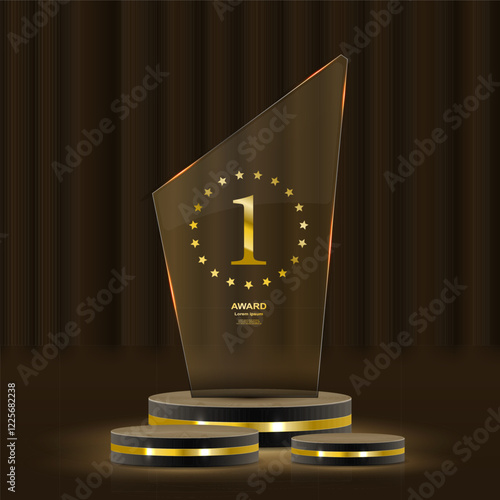 Set of glass award trophy with laurel wreath. Transparent prize template with golden laurel branches. Winner first place concept. Vector illustration.