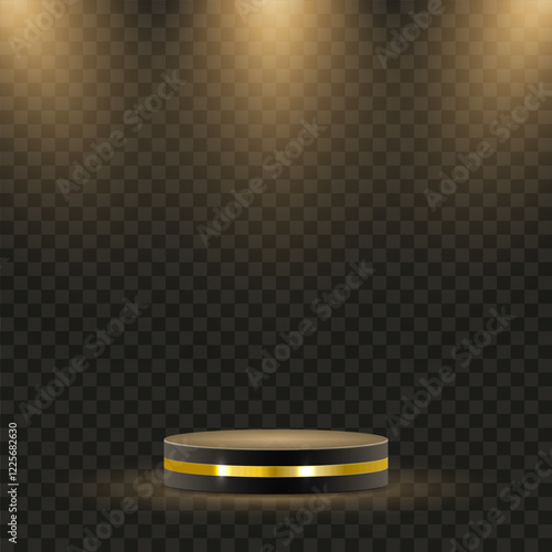 Luxury empty golden podium illuminated by neon lights and sparkling reflections on a deep blue background. A stunning 3D vector illustration ideal for award ceremonies, glamour product presentations