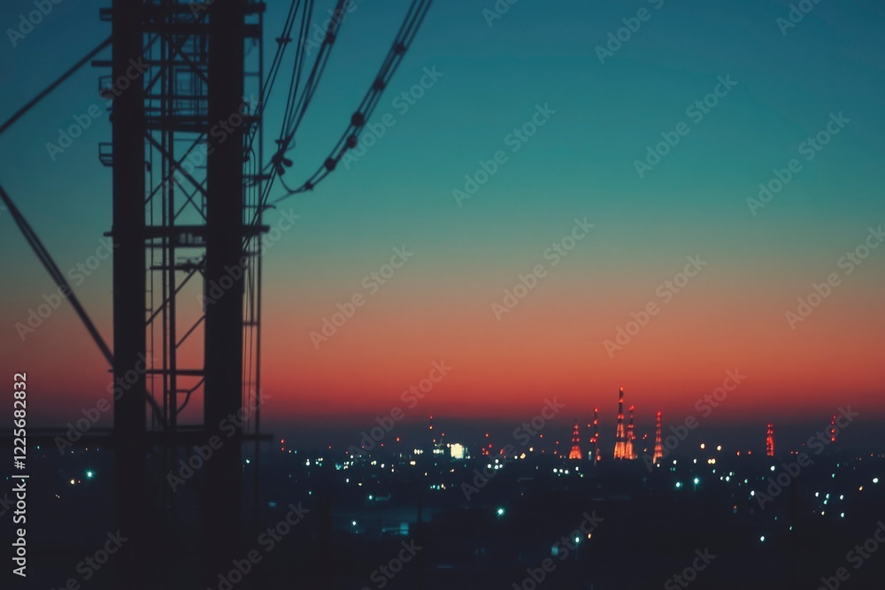 Naklejka premium Urban Sunset Silhouette Industrial Skyline View