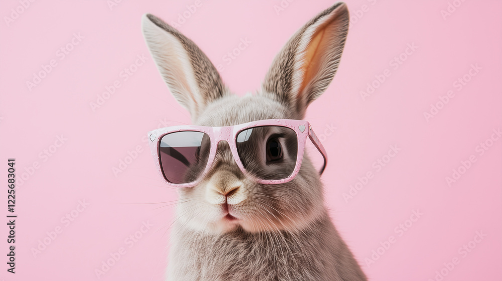 Fototapeta premium Funny cute rabbit, easter bunny wearing trendy sunglasses. Pastel pink background. Beautiful design for easter greeting card, invitation card. Copy space available. Easter theme.