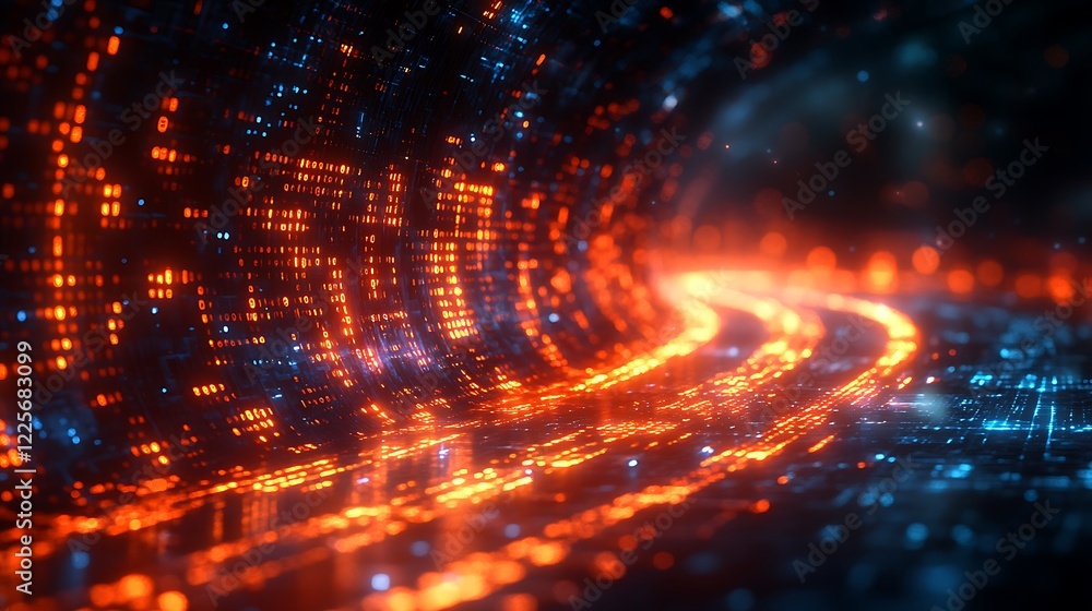 Fototapeta premium futuristic digital tunnel or data stream represented by glowing binary code (0s and 1s) in blue and orange against a dark background