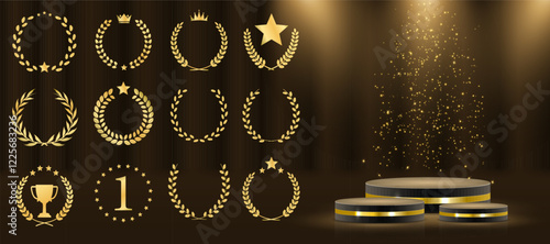 Gold award podium with a shimmering 3D stage, glowing light rays, and a glitter-covered floor. A luxurious vector illustration designed for winner ceremonies and beauty industry presentations 