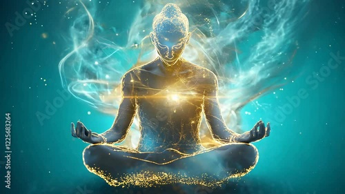 Golden figure meditating, teal background, glowing light, particle effect, peaceful, serene, spiritual, abstract, contemplative, energy, yoga, mindfulness