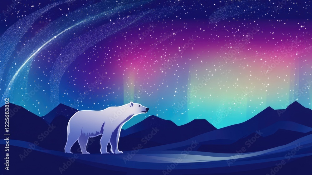 Polar bear in serene Arctic landscape under vibrant Northern Lights providing ample empty space for text or creative placement Polar bear in serene Arctic landscape under vibrant Northern Lights providing ample empty space for text or creative placement