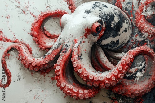 Dramatic red and black illustration of an octopus in dynamic motion photo