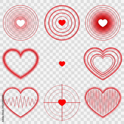  This vector illustration includes a glowing heart with concentric waves, red signal effects, and sensor-like aesthetics, perfect for tech-themed branding or love-focused campaigns.