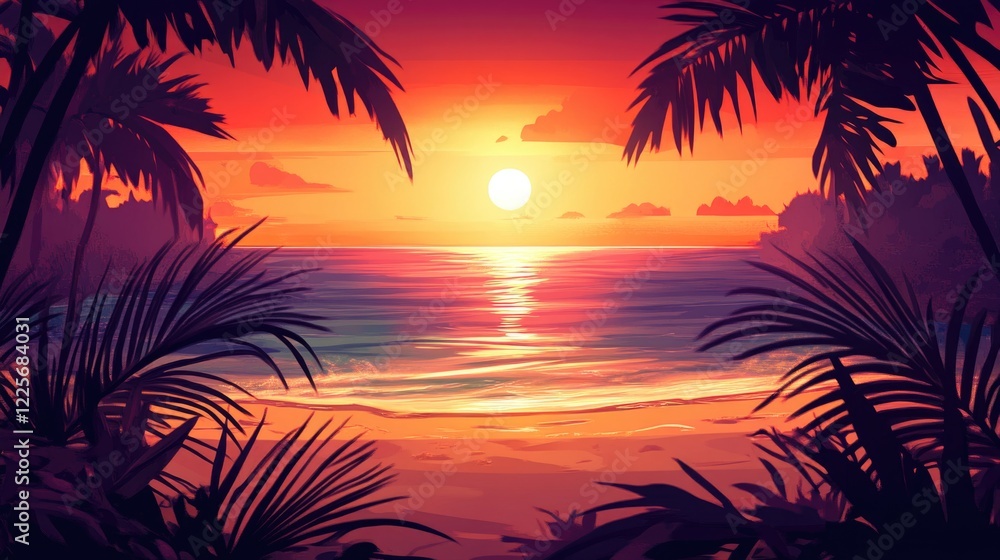 Obraz premium Tropical beach at sunset with vibrant colors and empty space for text ideal for travel promotions and serene backgrounds
