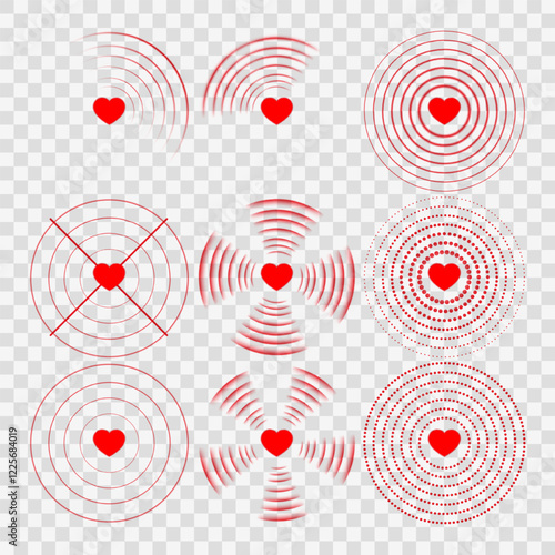 Red heart with wave effects and light highlights on a transparent background. A perfect combination of romantic symbolism and wireless technology featuring radar, sonar, and Wi-Fi-inspired designs.