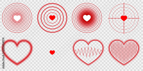 Red heart with wave effects and light highlights on a transparent background. A perfect combination of romantic symbolism and wireless technology featuring radar, sonar, and Wi-Fi-inspired designs.