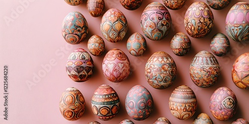 Easter Egg Collection: A delightful array of intricately decorated Easter eggs in warm, pastel hues, arranged against a soft pink background. Perfect for spring celebrations and festive greetings.  photo