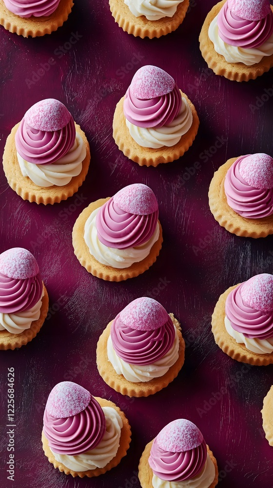 Pink and White Pastry Delight: A mesmerizing array of petite pastries, each adorned with delicate pink and white swirls and a dusting of powdered sugar. Pink and White Pastry Delight: A mesmerizing array of petite pastries, each adorned with delicate pink and white swirls and a dusting of powdered sugar.