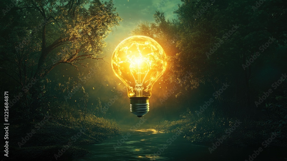 Illuminated light bulb floating in a serene forest symbolizing ideas, innovation, creativity, and inspiration in a mystical environment
