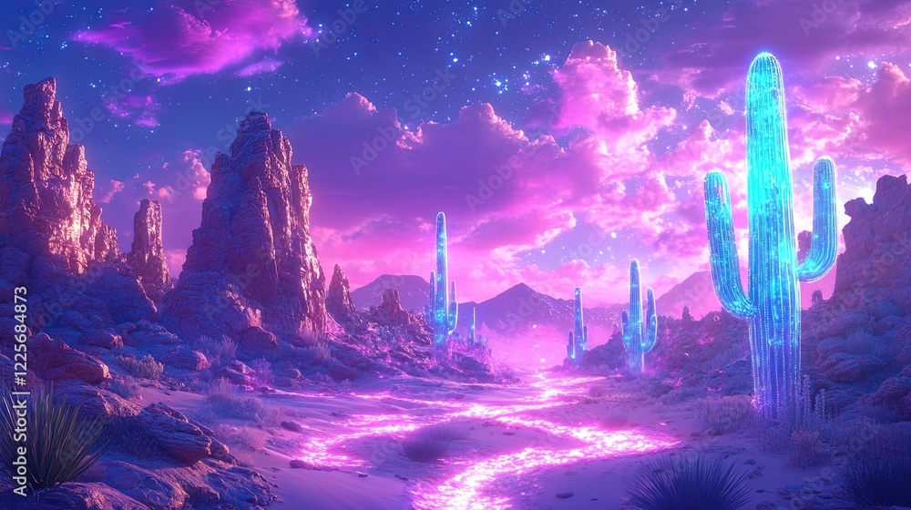 A colorful desert landscape with giant cacti and glowing sand, a surreal oasis filled with magical creatures A colorful desert landscape with giant cacti and glowing sand, a surreal oasis filled with magical creatures
