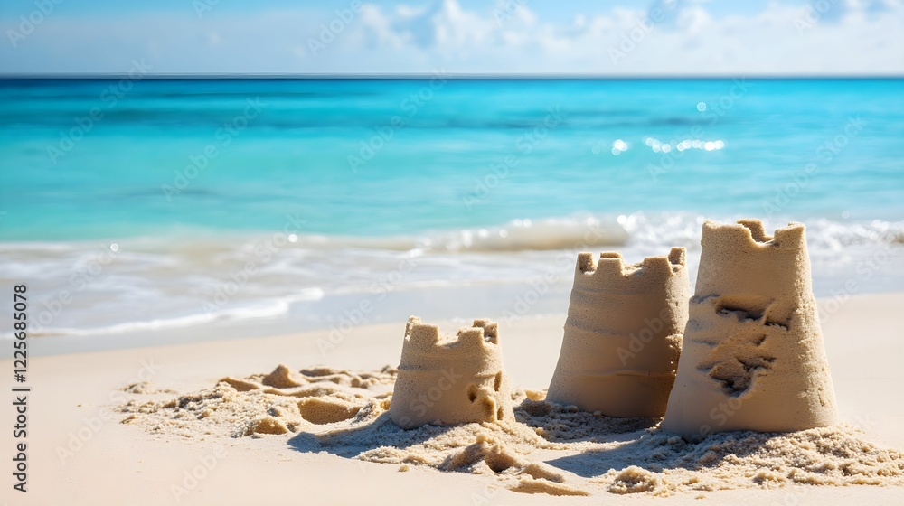 Sandcastle building on a sunny beach with clear blue waters Sandcastle building on a sunny beach with clear blue waters