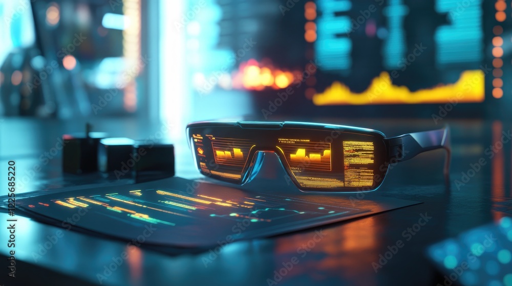 Futuristic Smart Glasses Displaying Data on a Desk in a Cyberpunk Setting Futuristic Smart Glasses Displaying Data on a Desk in a Cyberpunk Setting