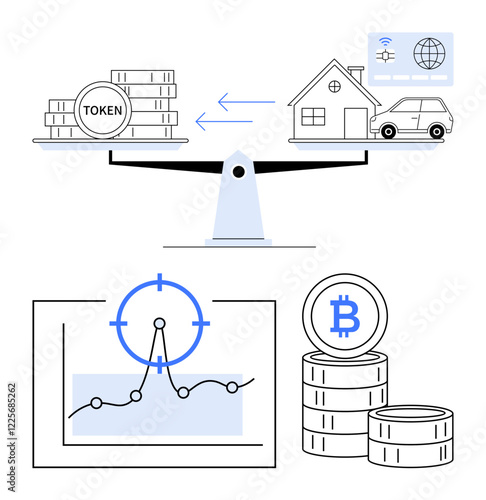 Scales comparing digital tokens and real assets, graph tracking trends, Bitcoin stacks. Ideal for finance, cryptocurrency, blockchain, investment, market analysis, trading abstract line flat