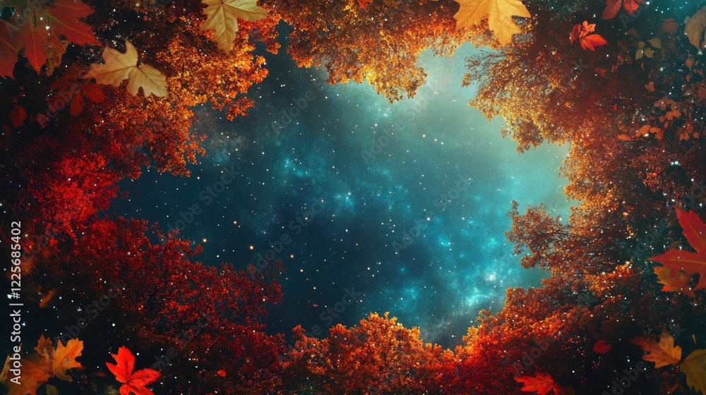 Autumn foliage framing a cosmic sky with bokeh effect creating a dreamy beach view blending nature and outer space. Autumn foliage framing a cosmic sky with bokeh effect creating a dreamy beach view blending nature and outer space.