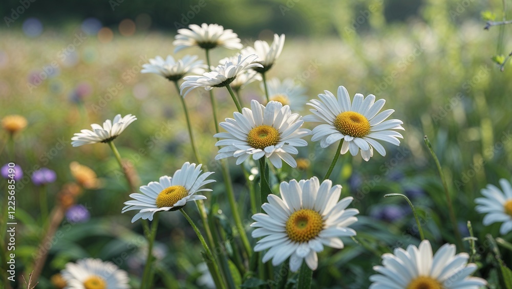 Obraz premium Close-up of daisies blooming in a colorful meadow under sunlight
