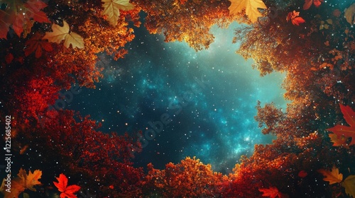 Wallpaper Mural Autumn foliage framing a cosmic sky with bokeh effect creating a dreamy beach view blending nature and outer space. Torontodigital.ca