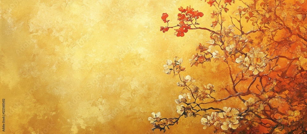 Fototapeta premium Dreamy golden landscape with floral textures in watercolor style creating a serene atmosphere and ample space for text insertion.