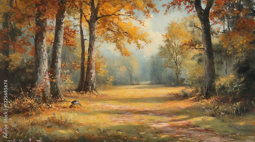 Obraz premium A peaceful woodland clearing with a carpet of moss, dappled sunlight, and the sound of birdsong