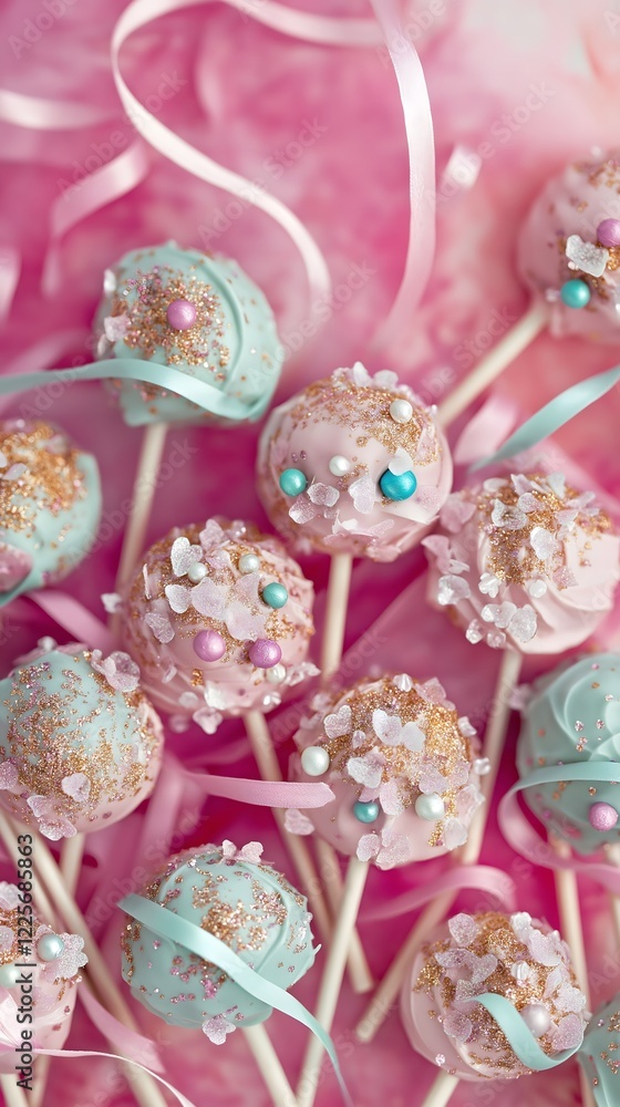 Fototapeta premium Pink and Teal Cake Pops: Delicate cake pops adorned with sparkling sugar crystals and pastel hues, creating a visually stunning and delightful treat.
