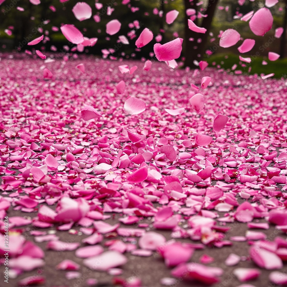 Obraz premium Pink flower petals scattered on the ground, vibrant and romantic scenery, nature background, copy space