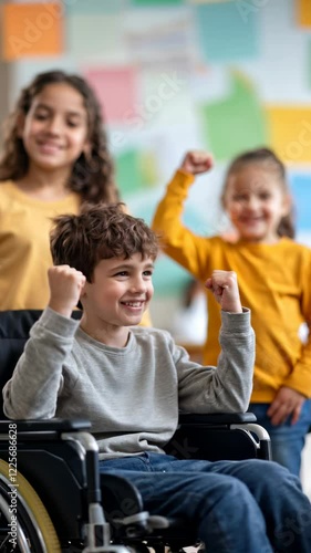 Caucasian happy boy in wheelchair celebrating success with friends in classroom. Concept of childhood and disability