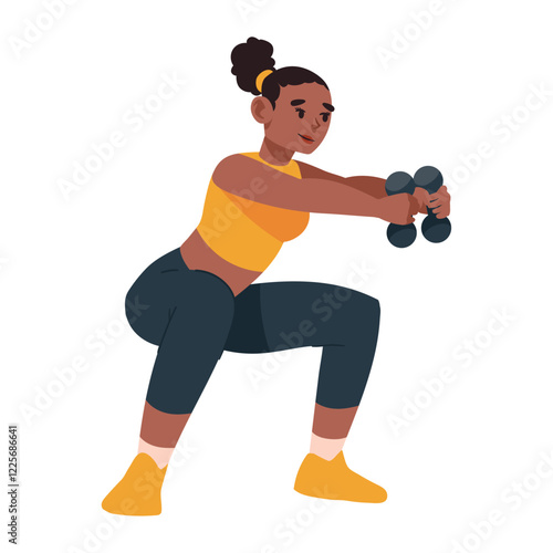 Woman in Squat Position Holding Dumbbells