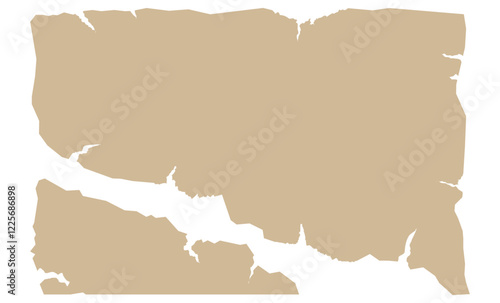A rectangular design featuring a jagged paper or aged papyrus map texture, complete with torn edges. This flat vector illustration showcases an empty, rugged text box, label, or tag collage element