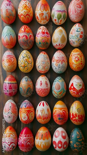 Easter Egg Collection: A vibrant array of hand-painted Easter eggs, each showcasing unique and intricate designs, arranged in a neat grid on a rustic wooden surface. photo