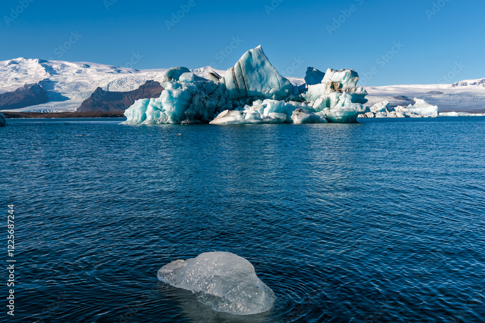 Jokulsarlon glacial lake with loose segments of glacier on the island of Iceland