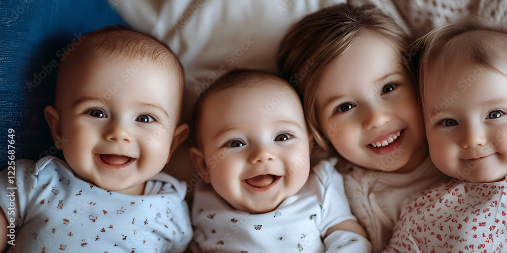 Children of different ages are lying on the couch, top view Children of different ages are lying on the couch, top view