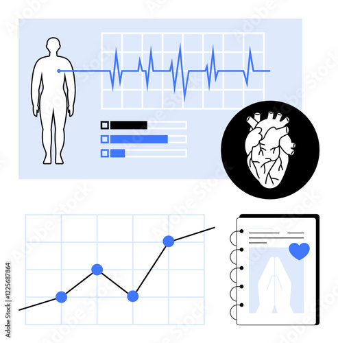 Human figure, heartbeat graph, bar chart, anatomical heart illustration, line chart, and medical report. Ideal for healthcare, diagnostics, cardiology data tracking wellness trends health