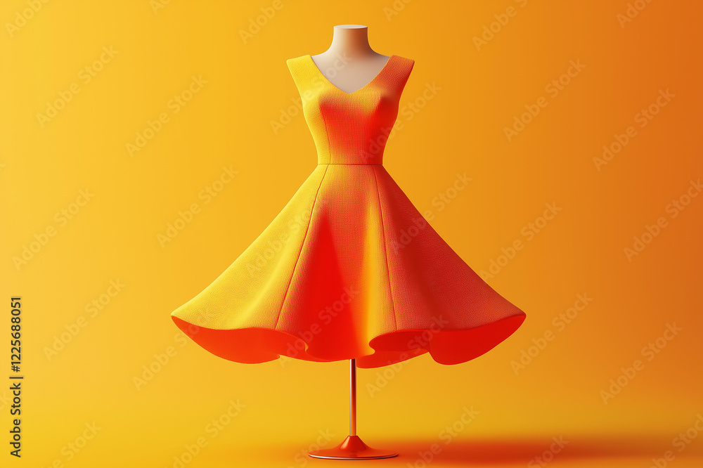 Vibrant orange and yellow dress on a mannequin against a bright warm background, stylish fashion design concept for modern apparel, retail, and boutique display Vibrant orange and yellow dress on a mannequin against a bright warm background, stylish fashion design concept for modern apparel, retail, and boutique display