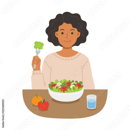 A woman eating a fresh bowl of salad smiling with a healthy lifestyle. Diet food for life. Healthy foods with benefits. Healthy and vegan food concept.