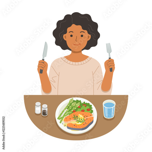 A woman eating salmon steak. Good food for life. Healthy foods with benefits. Healthy and vegan food concept.