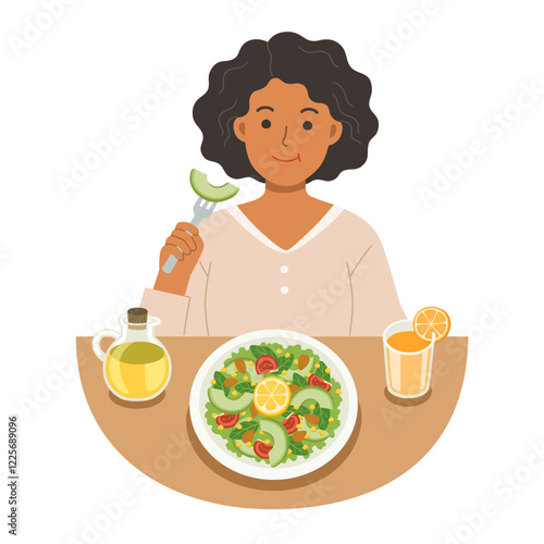 A woman eating a fresh bowl of salad smiling with a healthy lifestyle. Diet food for life. Healthy foods with benefits. Healthy and vegan food concept.