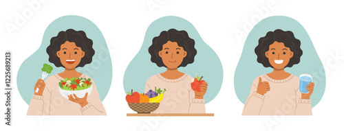 A woman eating salads, eating fresh fruit and drinking water from glass.  Healthy foods with benefits. Healthy and vegan food concept.